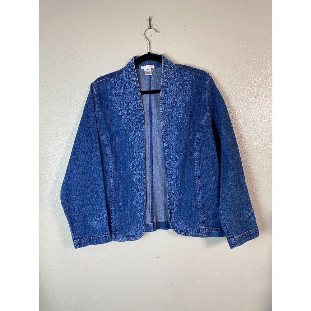 Bestow‎ Womens Embroidered Floral Denim Jacket Size Medium Petite Boho Cottage